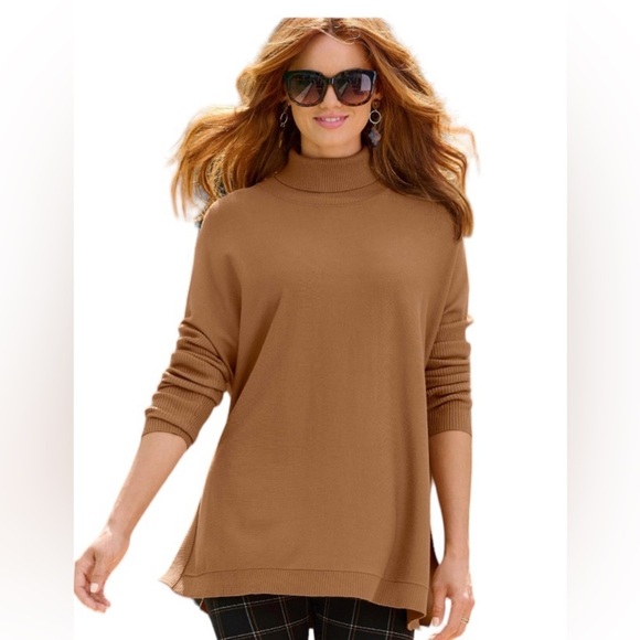 Boston Proper Turtleneck Tunic Sweater Lightweight Women’s Medium Tan Camel - Picture 1 of 12